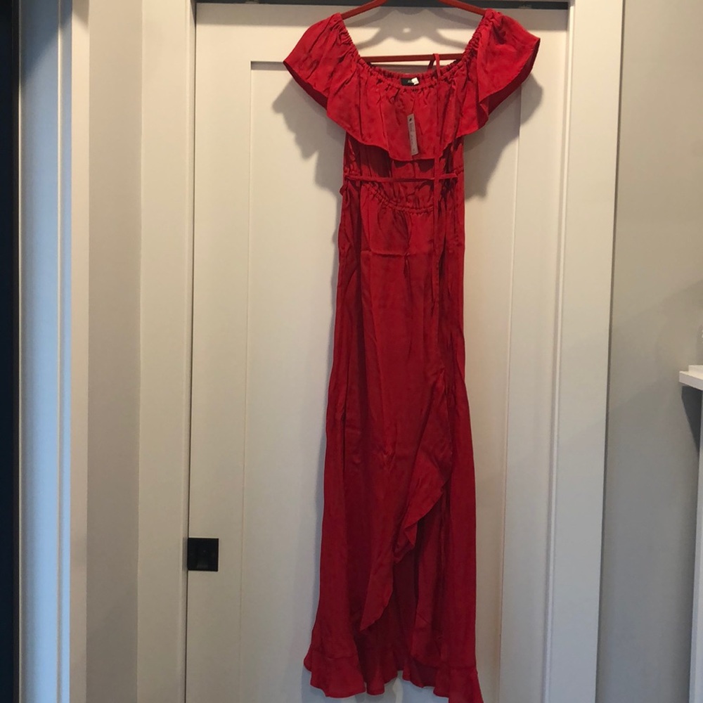 Red off the shoulder high to low dress